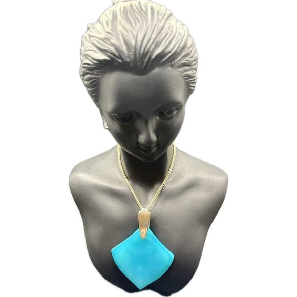 Kendra Scott Teal Blue Agate Stone Diamond Shaped Pendant 14K GP Slider Necklace - Picture 2 of 3